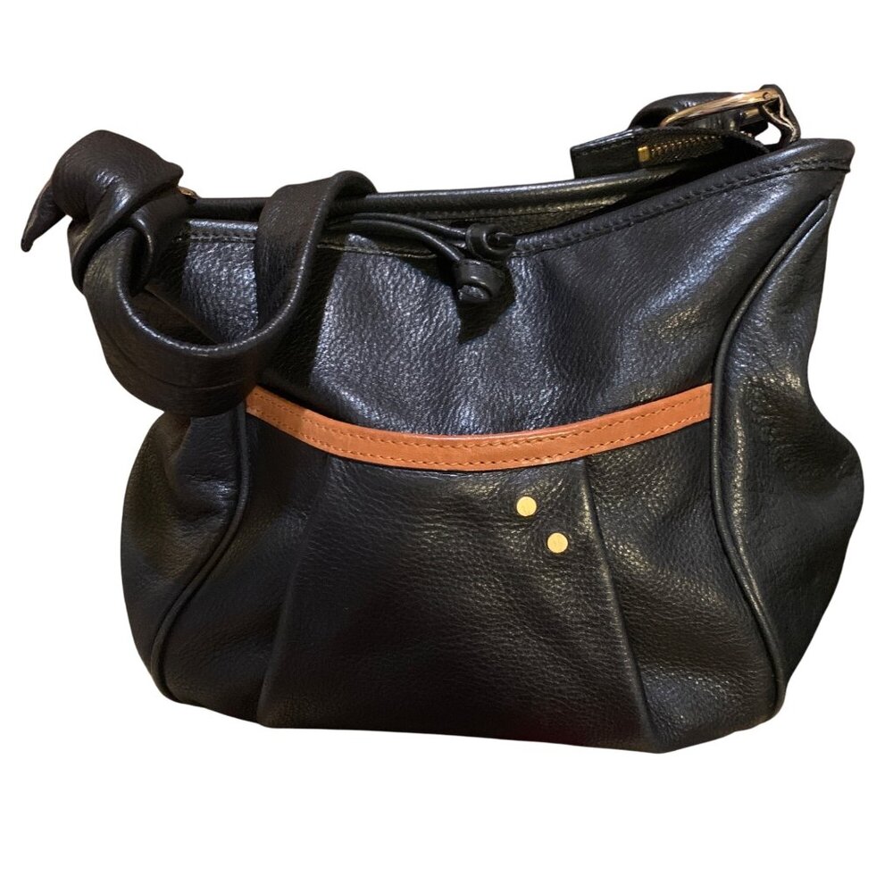 Tre‎ Vero Black Leather Shoulder Bag With Tan Accent & Knotted Straps